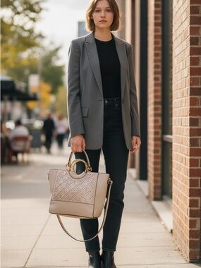 Liz Claiborne Beige Purse & Strap Silver Design Window Pane  w/Gold Tone Handle